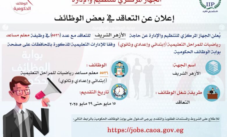 رئيس التنظيم والإدارة يعلن عن مسابقة لشغل 5526 وظيفة معلم مساعد رياضيات بالأزهر الشريف 1 FB IMG 1746003326088